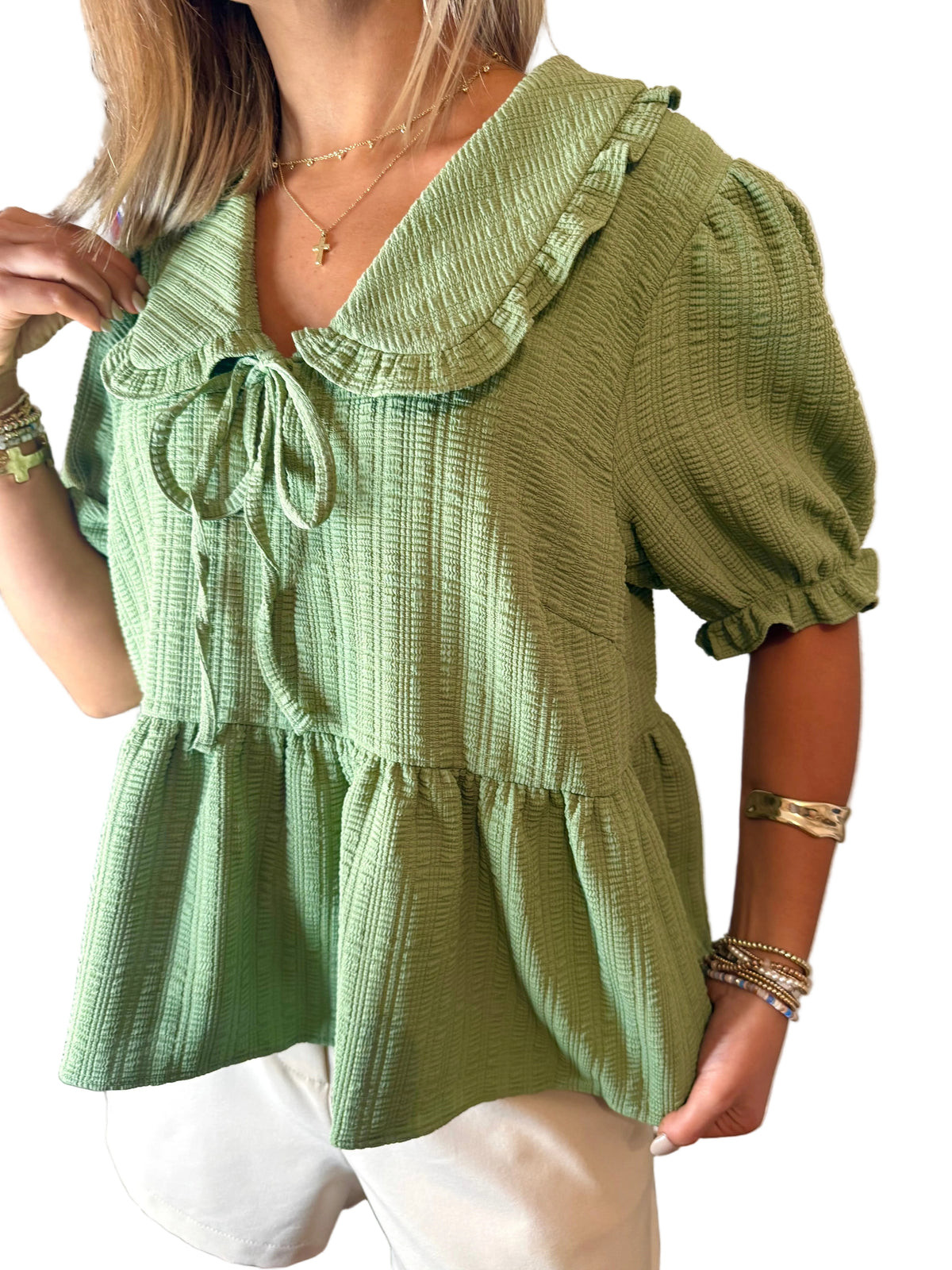 The Lori Ann Top - Textured Top With A Ruffled Collar